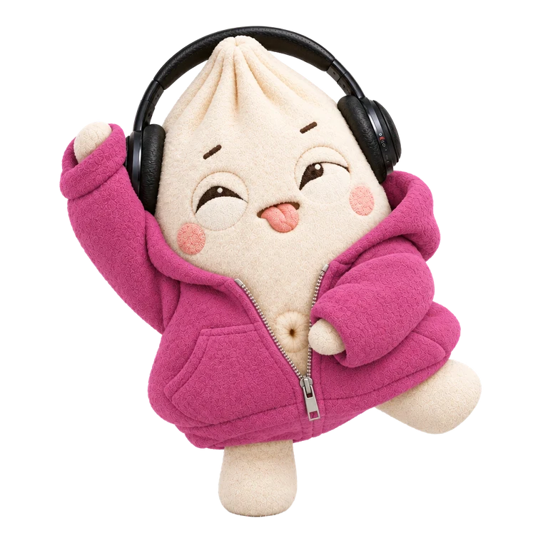 Dumple after evolving, in a pink hoodie with headphones