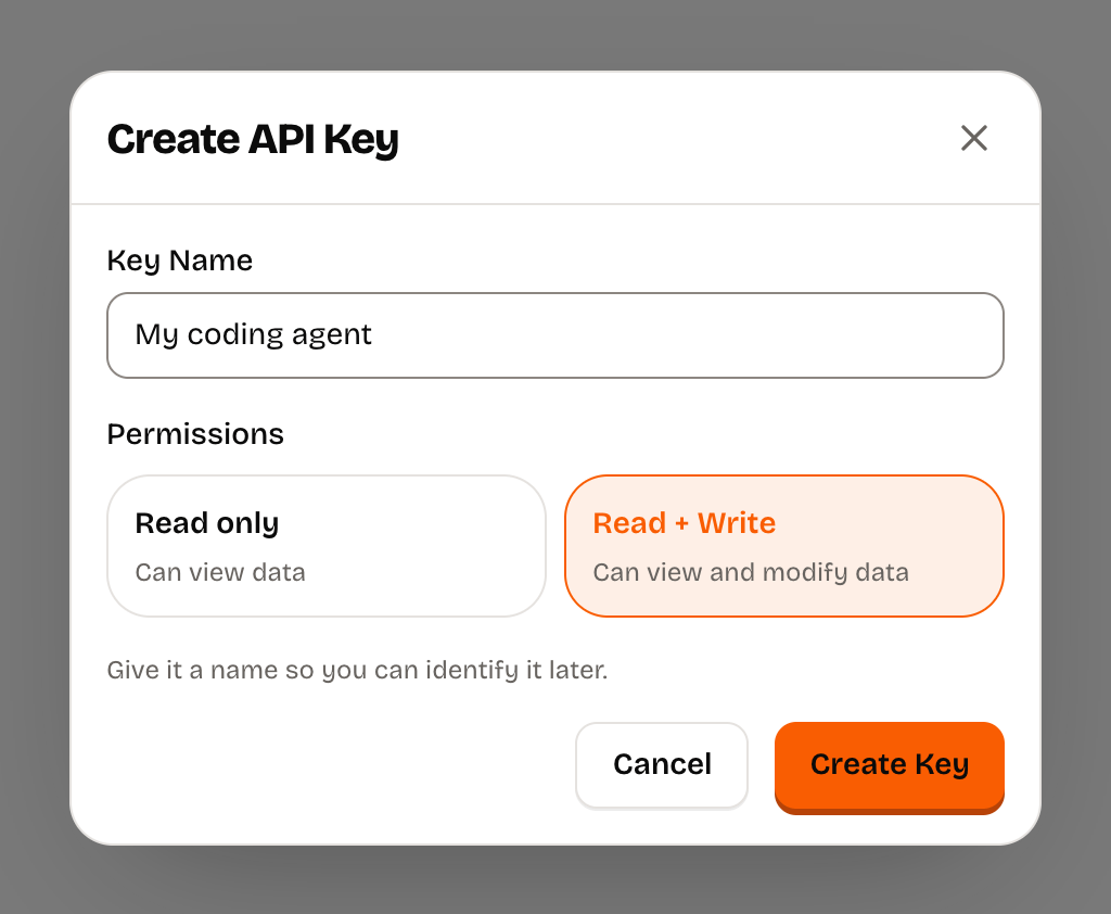 The Create API Key window, named "My coding agent", with Read + Write selected